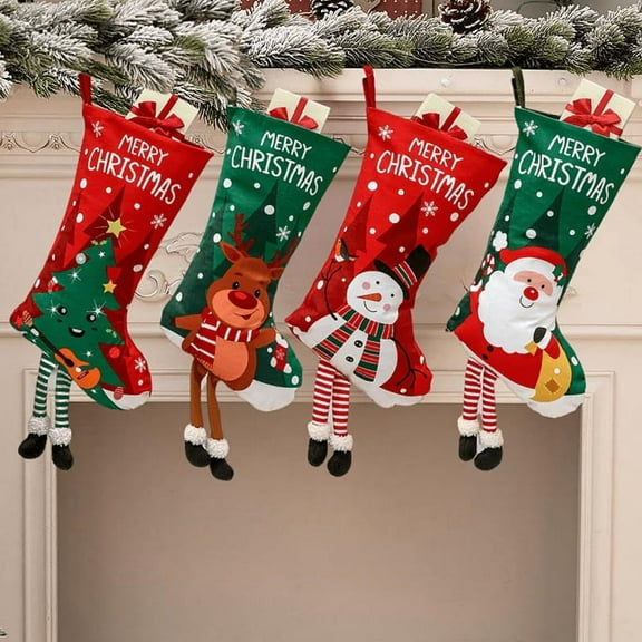 Christmas Stockings Set of 4, Large 18 Xmas Stockings Fireplace Hanging Stockings, Santa, Snowman, Reindeer, Xmas Tree for Holiday Decor,Christmas Tree Decoration