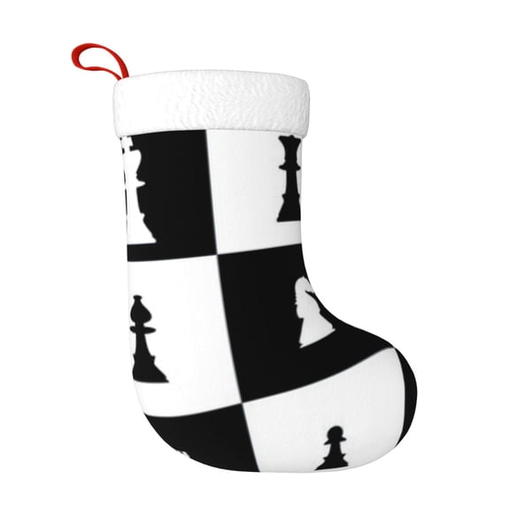Christmas Stockings Silhouettes Of Chess Pieces Board Large Hanging Xmas Sock Gift Bag Classic Fireplace Decor for Home, Party, and Family Celebration