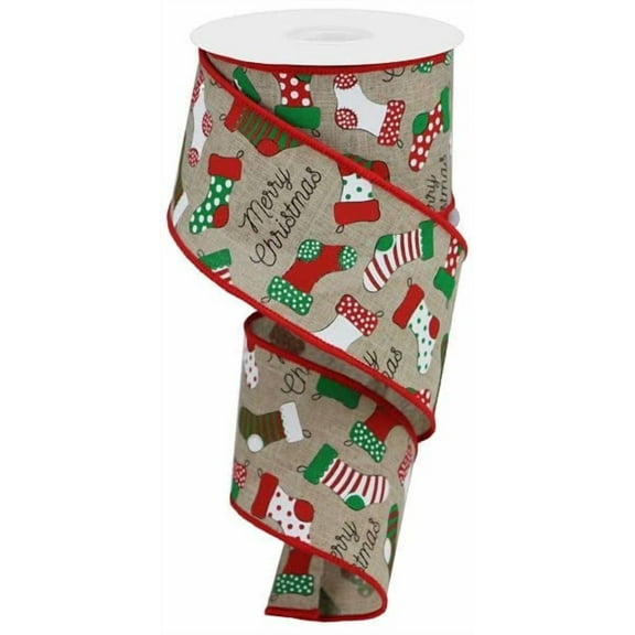 Christmas Stockings on Canvas Wired Edge Ribbon - 10 Yards (Natural, 2.5 Inch)