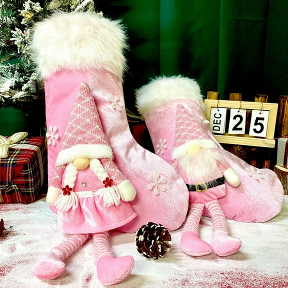 Christmas Stockings with Gnome, 18 Inches Large Velvet Faux Fur Christmas Stocking for Family, Xmas Holiday Party Gifts & Decoration for Fireplace