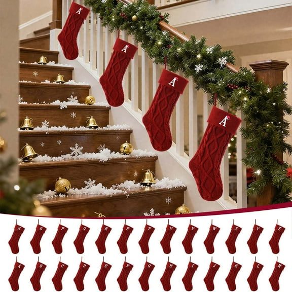 Christmas Stockings with Initials Red 18" Large Embroidered Monogrammed Knit Stockings for Family, Xmas Holiday Gifts & Fireplace Decoration