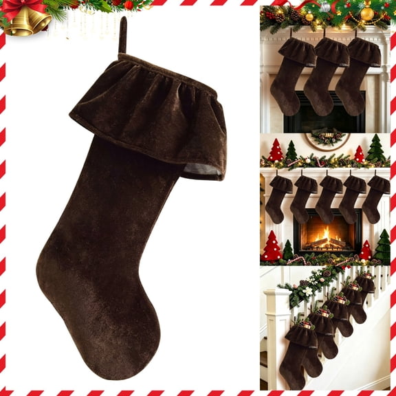 Christmas Stockings with Ruffled Cuff, 18.9x10.2 inch Large Velvet Christmas Stocking, for Fireplace Mantel Decor Family Holiday Bag Coffee
