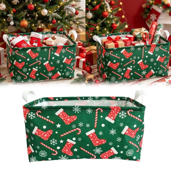 Christmas Storage Basket With Carry Handles,Christmas Baskets For Gifts, Fabric Cloth Christmas Storage Bins, Christmas Baskets Empty for Christmas Gifts, Sundries, Household Item Organization