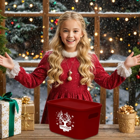Christmas Storage Box with Lid - Red Decorative Organizer Bin for Snacks, Toys, Cosmetics | 10x7x6 inch Holiday Home Organization for Living Room, Bedroom Red