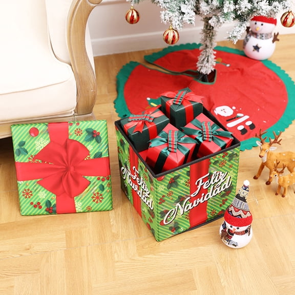 Christmas Storage Ottoman for Gifts & Toys – Foldable Non-Woven Fabric Storage Box with Lid – Decorative Holiday Stool for Kids, Living Room & Tree Display (Green)