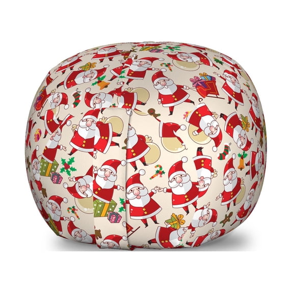 Christmas Storage Toy Bag Chair, Cartoon Design Santa Claus Bringing Surprise Boxes Mistletoe Gingerbread Print, Stuffed Animal Organizer Washable Bag, Small Size, Multicolor, by Ambesonne