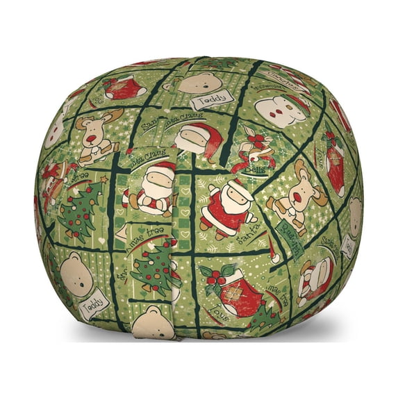 Christmas Storage Toy Bag Chair, Cartoon Santa Claus Trees Teddy Bears Candies Sketchy Design Print, Stuffed Animal Organizer Washable Bag, Large Size, Olive Green White, by Ambesonne