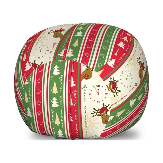 Christmas Storage Toy Bag Chair, Chinese Style Lettering Merry Christmas Deer Pines Stars Border Lines, Stuffed Animal Organizer Washable Bag, Large Size, Green Dark Coral White, by Ambesonne