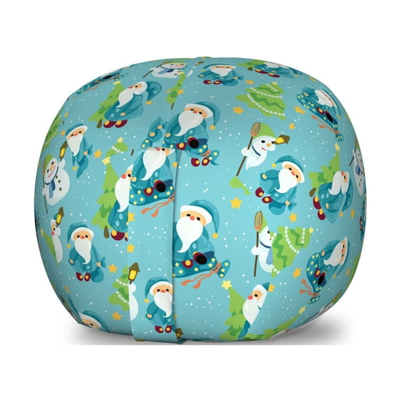 Christmas Storage Toy Bag Chair, Graphics Santas and Snowmen with Stars and Spruce Trees, Stuffed Animal Organizer Washable Bag, Small Size, Lime Green Multicolor, by Ambesonne