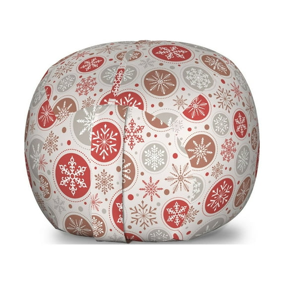 Christmas Storage Toy Bag Chair, Ornate Snowflakes Pattern in Circles Dots Winter Themed Old Fashioned Print, Stuffed Animal Organizer Washable Bag, Small Size, Ruby Pale Grey, by Ambesonne