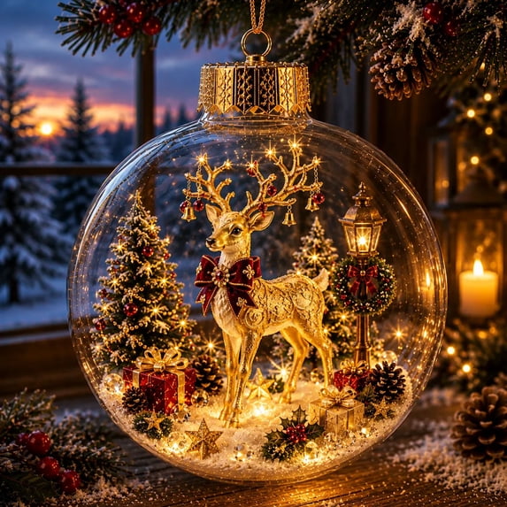 Christmas Story Ornament Ball, Mini Holiday Scene Tree Hanging Decor with Lights for Window Mantel Shelf(F)