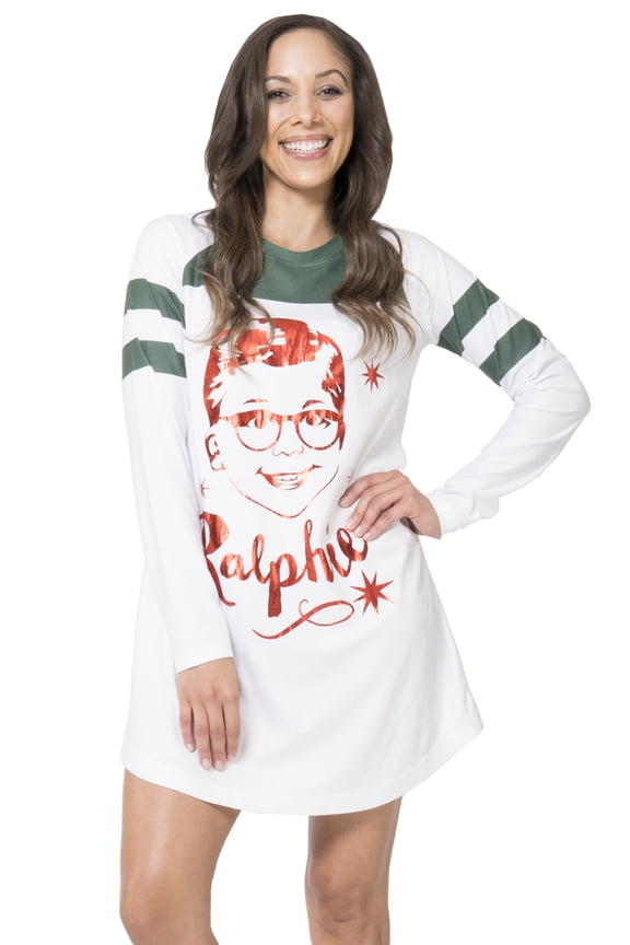 A Christmas Story Womens' Ralphie Nightgown Sleepwear Holiday Athletic Varsity-Style Long-Sleeve Loungewear