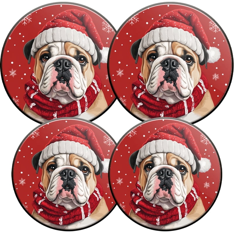Christmas Stove Burner Covers for Electric Stove, Christmas Bulldog in Santa Hat Xmas Snowflakes Holiday Decor 4 Pack Round Oven Burner Covers for Kitchen, 8 Inches and 10 Inches