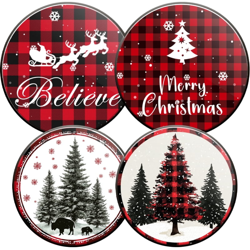 Christmas Stove Burner Covers for Electric Stove, Merry Christmas Red Black Checkered Xmas Decorative Round Mental Electric Range Burner Covers Set of 4 for Kitchen, 8 Inches and 10 Inches