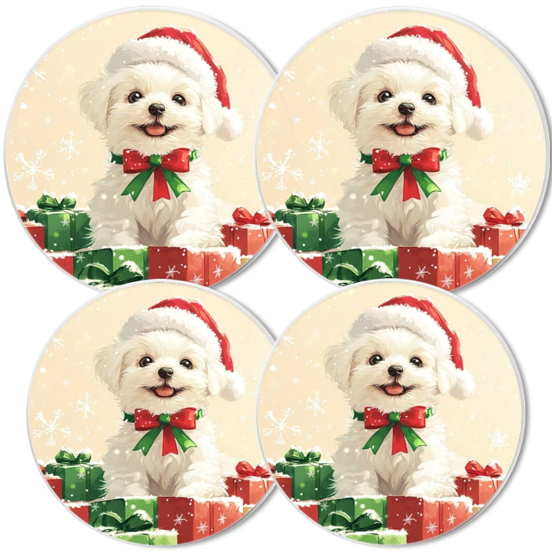 Christmas Stove Burner Covers for Electric Stove, Portrait of Maltese Puppy in Santa Hat Round Mental Easy to Clean Gas Stove Burner Covers Set of 4 for Kitchen, 8 Inches and 10 Inches