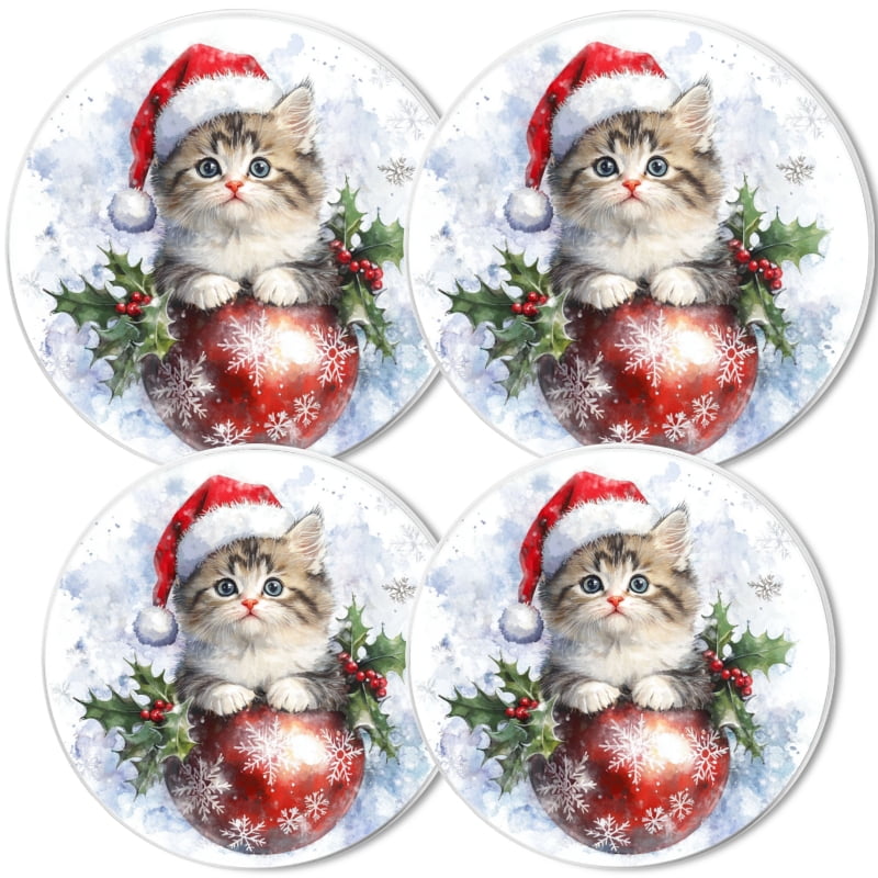 Christmas Stove Burner Covers for Electric Stove, Red Christmas Ball Cute Cat Snowflakes Xmas Decorative Round Mental Electric Range Burner Covers Set of 4 for Kitchen, 8 Inches and 10 Inches