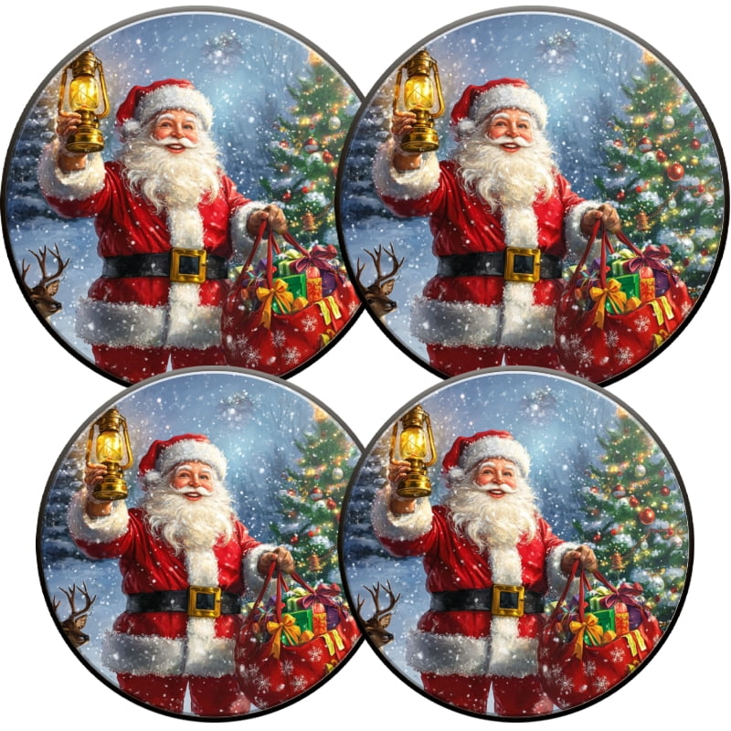 Christmas Stove Burner Covers for Electric Stove, Santa with Present Xmas Tree Holiday Decorative Round Mental Electric Range Burner Covers Set of 4 for Kitchen, 8 Inches and 10 Inches