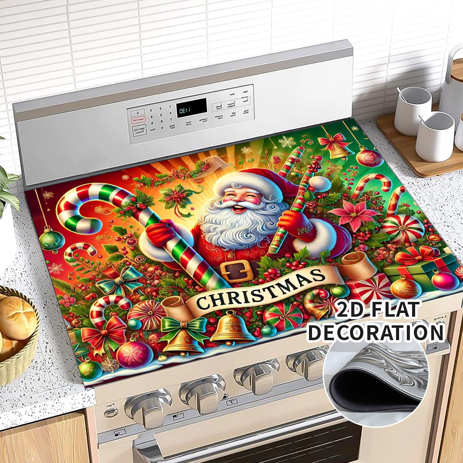 Christmas Stove Cover, Merry Christmas Stove Top Cover for Gas Stove Xmas Red Winter Kitchen Decor Glass Stove Top Pad Heat Resistant Electric Stove Protector Washable Cooktop Oven Mat