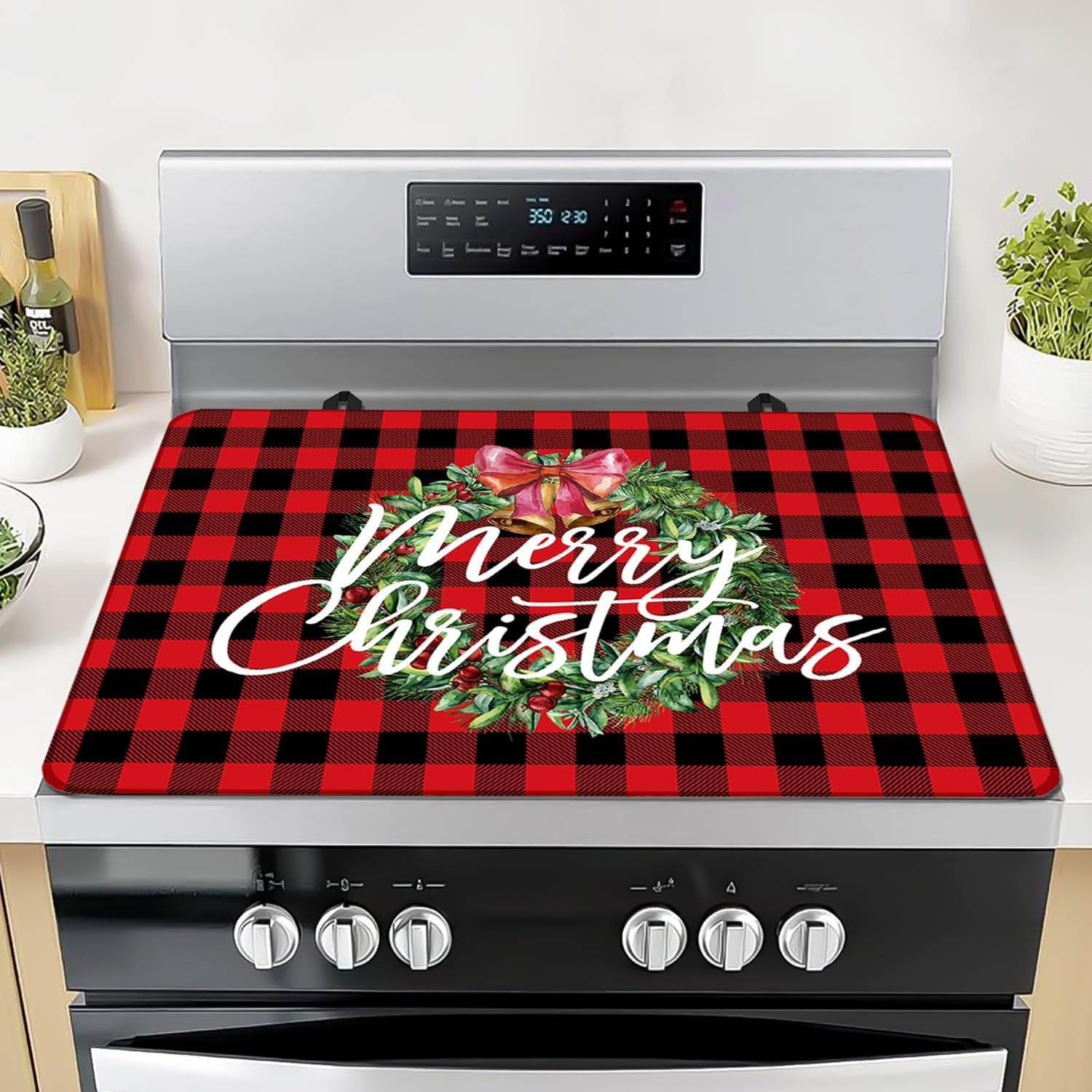 Christmas Stove Top Cover for Electric Stove, 20x28 In Red Plaid Stove Covers Xmas Stove Mat Winter Heat Resist Gas Range Mat Induction Kitchen Decor Cooktop Protector Pad