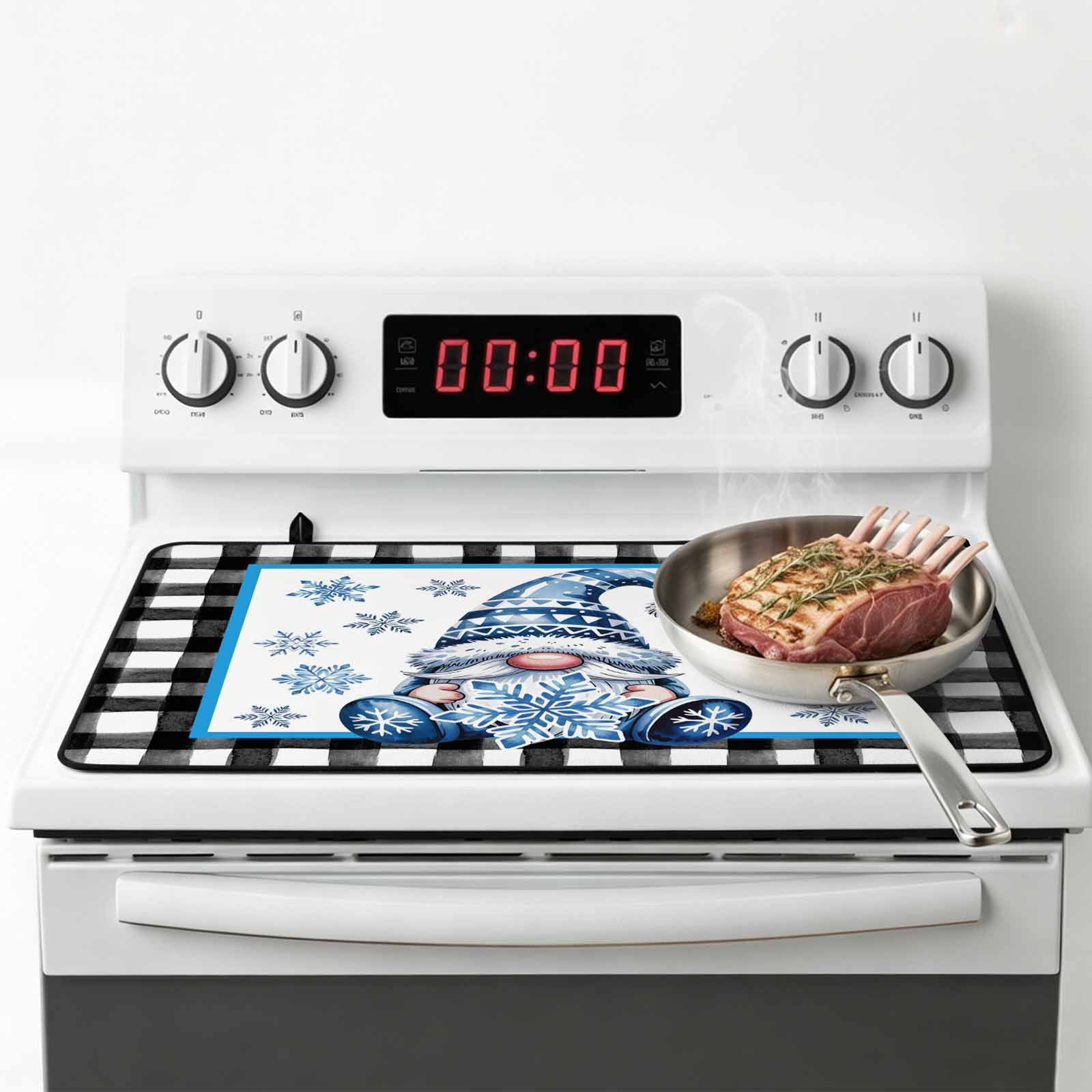 Christmas Stove Top Cover for Electric Stove, Heat-proof & Non Slip Glass Top Stove Cover Protector, Winter Blue Snowflakes Gnomes Black Plaid Kitchen Flat Cooktop Rubber Mat 24x21 Inches