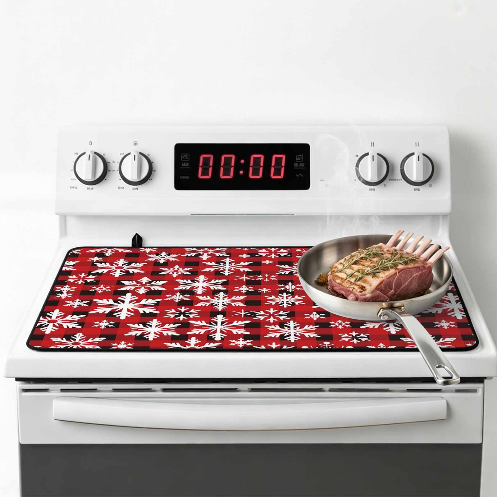 Christmas Stove Top Cover for Electric Stove, Heat-proof & Non Slip Glass Top Stove Cover Protector, Winter Snowflakes Red Black Buffalo Plaid Kitchen Flat Cooktop Rubber Mat 24x21 Inches