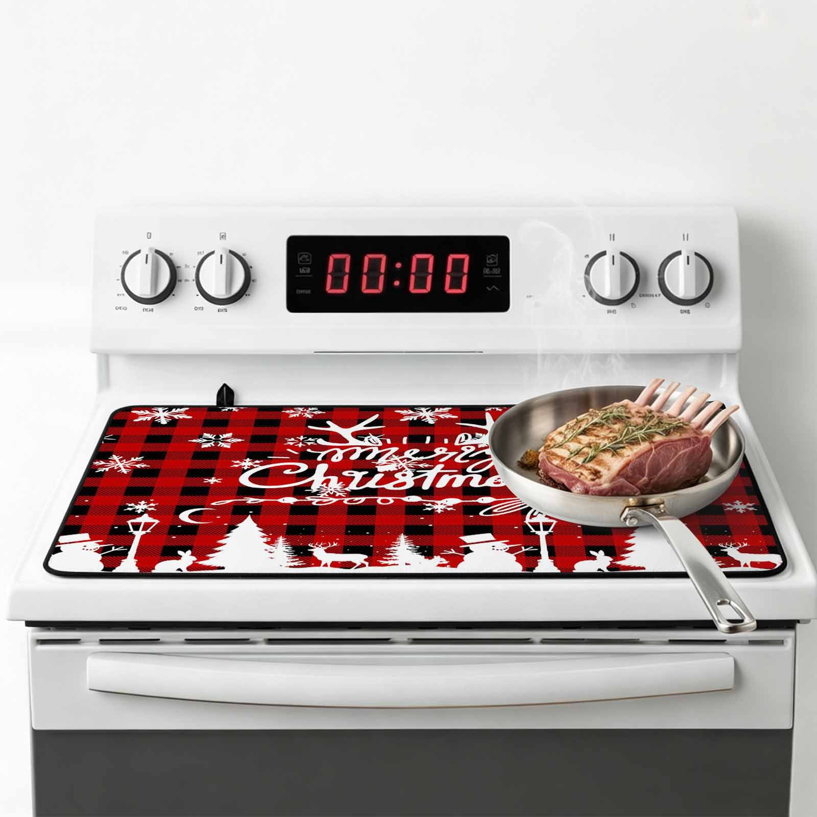 Christmas Stove Top Cover for Electric Stove, Heat-proof & Non Slip Glass Top Stove Cover Protector, Winter Snowman Snowflake Xmas Trees Red Plaid Kitchen Flat Cooktop Rubber Mat 24x21 Inches