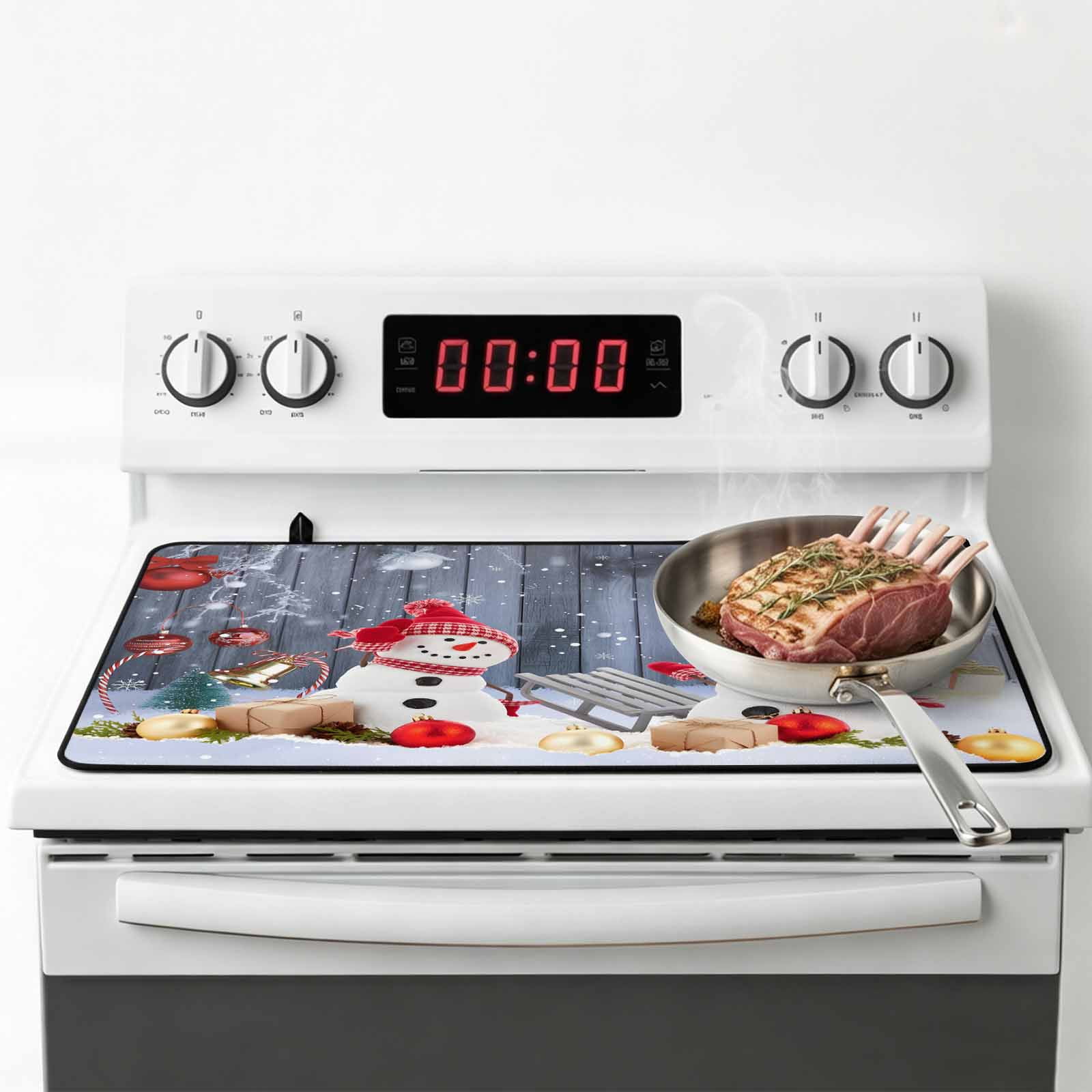 Christmas Stove Top Cover for Electric Stove, Heat-proof & Non Slip Glass Top Stove Cover Protector, Winter Snowman Xmas Red Balls Snowflakes Kitchen Flat Cooktop Rubber Mat 24x21 Inches