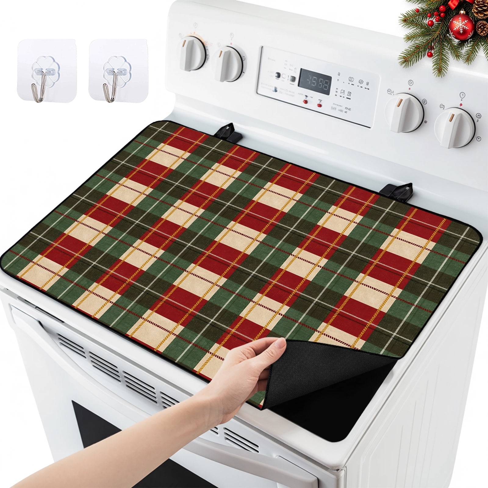 Christmas Stove Top Cover, Vintage Country Red Green Beige Plaid Grid ...