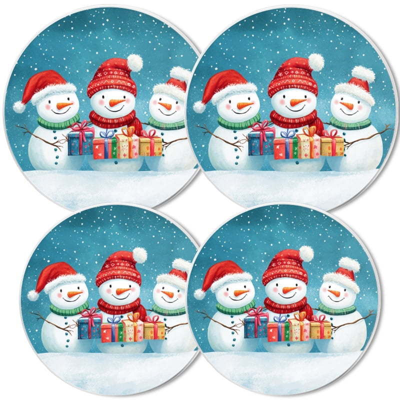 Christmas Stovetop Covers Electric Stove Cooktop, Christmas Cute Three Snowman with Present Round Xmas Decorative Kitchen Decor Stove Burner Covers Set of 4, 8 Inches and 10 Inches