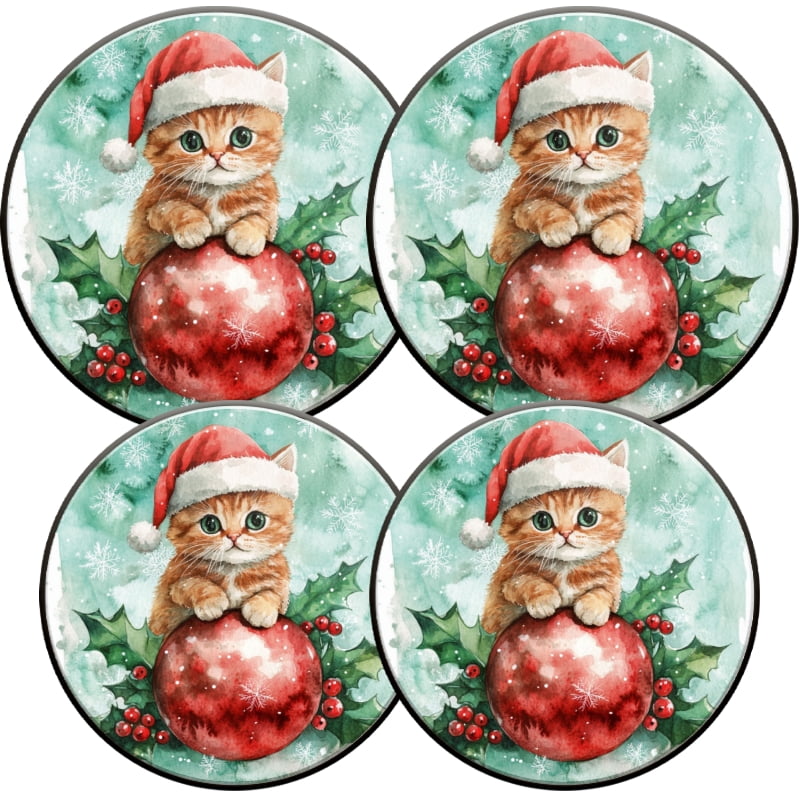 Christmas Stovetop Covers Electric Stove Cooktop, Red Christmas Ornament Cute Cat Round Xmas Decorative Kitchen Decor Stove Burner Covers Set of 4, 8 Inches and 10 Inches