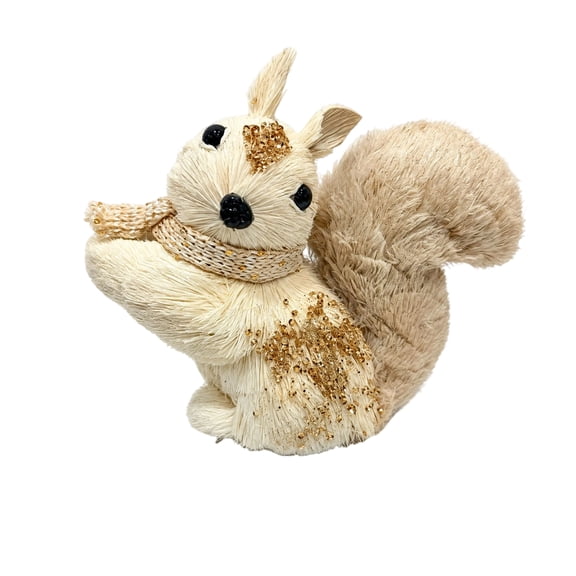 Christmas Straw White Squirrel, Rustic Woven Forest Animal Figurine for Farmhouse Holiday Mantle Display