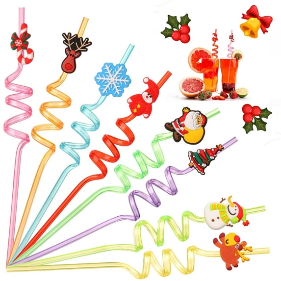 Christmas Straws, Bulk Christmas Gifts For Kids, Christmas Party Favors for Kids Goodie Bags, Christmas School Party Favors for Kids, 24 Christmas Straws & 2 Cleaning Brushes-Characters