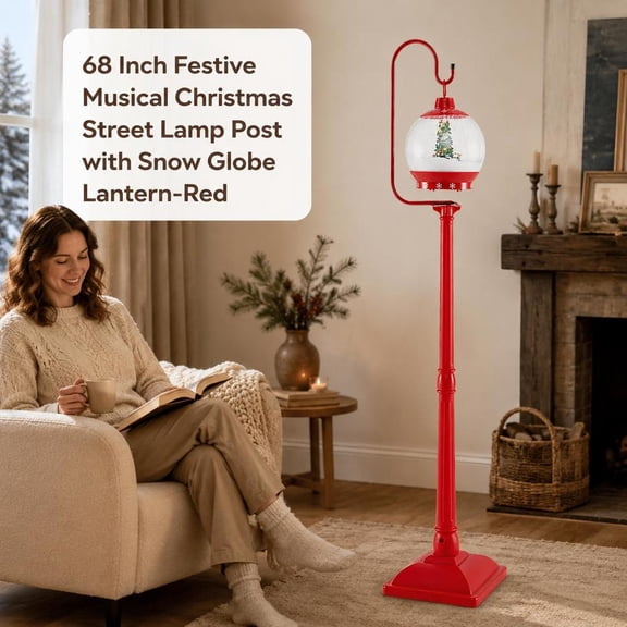 Christmas Street Lamp Post, 68 Inch, Sound Activated, Falling Snow Globe Lantern, Red