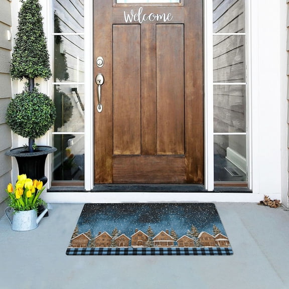 Christmas Streetscape at Night Blue Black Plaids Doormats Welcome Mats Gate Pads Entryway Outdoor 32" x 20"