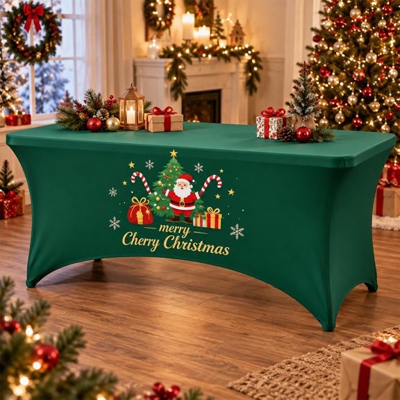 Christmas Stretch Fitted Table Cover for Rectangular Tables, Easy-Clean with Santa Tree Print, Wrinkle Resistant Elastic Fit for Parties & Hot Chocolate Bars 4,5,6 Ft Banquet Tables