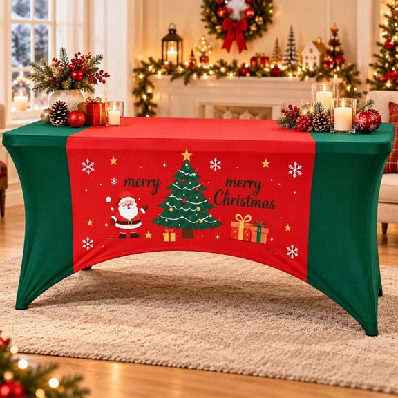 Christmas Stretch Fitted Table Cover for Rectangular Tables, Santa and Tree Design, Wrinkle-Resistant for 4, 5, 6 Ft Banquet Tables