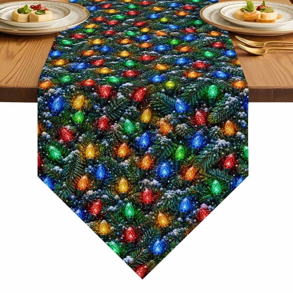 Christmas String Light Table Runner 36 Inches Long Seamless Festive Pine Branch Bulb Green Table Runners for Dining Room Tabletop Dresser Scarf Xmas Winter Seasonal Holiday Table Decoration