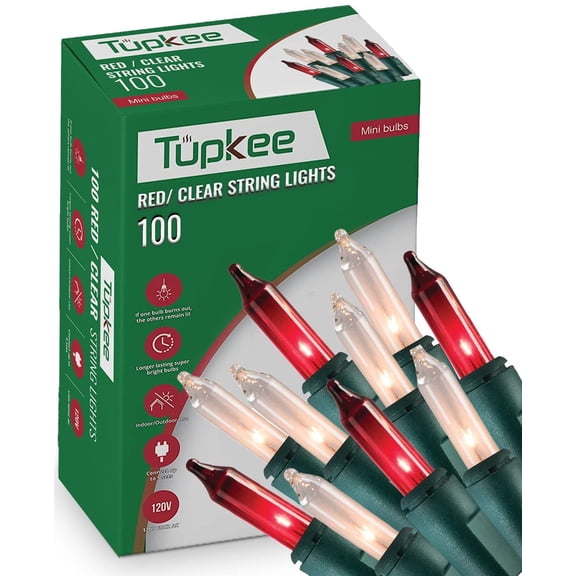 Tupkee Christmas String Lights 100 Count - Incandescent Mini Red and Clear Warm Christmas Tree Light - 20.5 Feet Light String - Indoor & Outdoor Christmas Decorations