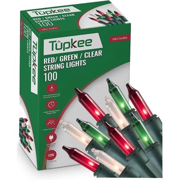 Tupkee Christmas String Lights 100 Count - Incandescent Mini Red, Green, and Clear Warm Christmas Tree Light - 20.5 Feet Light String - Indoor & Outdoor Christmas Decorations