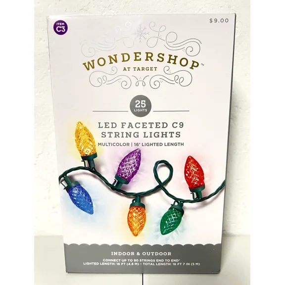 Christmas String Lights 25ct C9 Faceted LED Multicolor Holiday Set Green Wire
