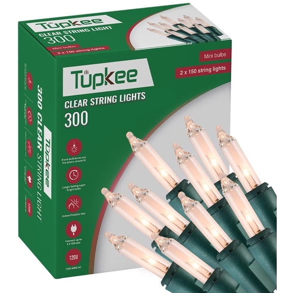 Tupkee Christmas String Lights 300 Count - Incandescent Mini Clear Warm Christmas Light - 62 Feet Light String - Christmas Tree Lights - Indoor & Outdoor Christmas Decorations