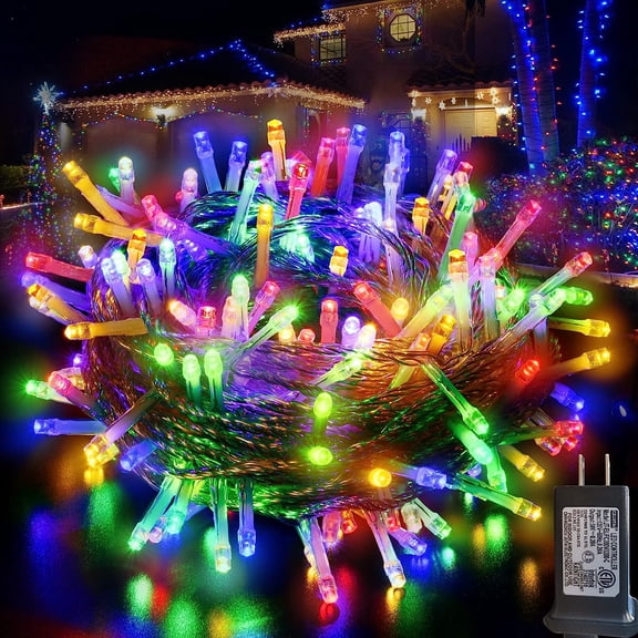 Christmas String Lights Outdoor Decoration, 33ft 100 LED Christmas Tree Lights Plug in, Connectable 8 Modes Clear Wire Twinkle Fairy Lights for Xmas Tree Bedroom Holiday Party (Colorful)
