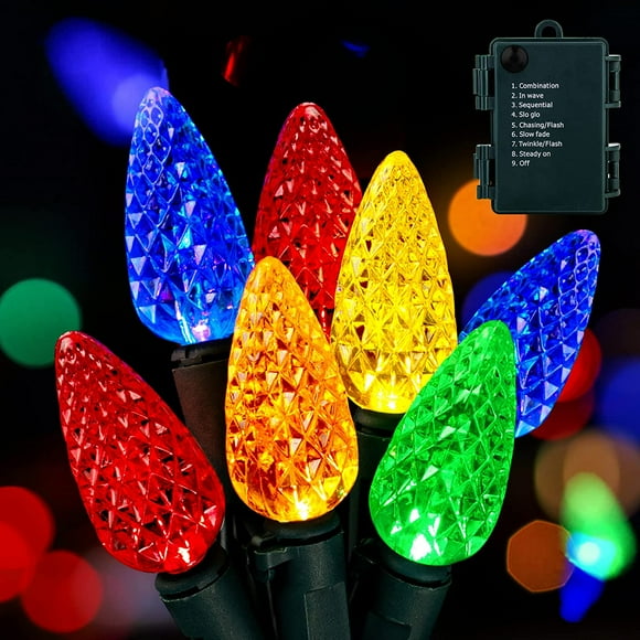Christmas String Lights with Timer 8 Light Modes, Waterproof Battery Operated C6 Strawberry Fairy Lights for Indoor Outdoor Tree Patio Party Decorations (Multicolor)