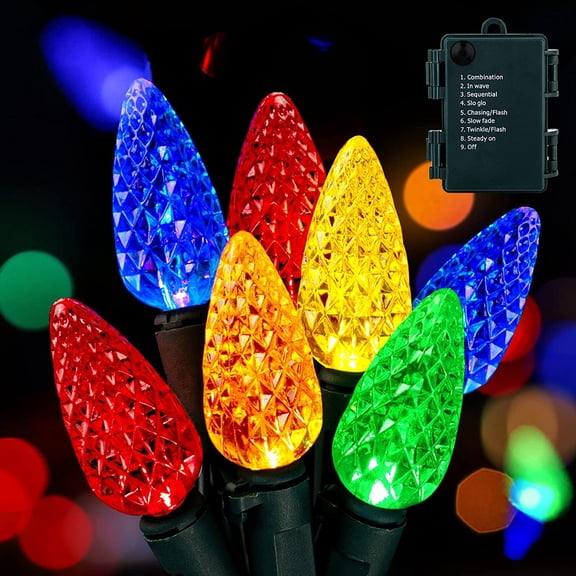 Christmas String Lights with Timer 8 Light Modes, Waterproof Battery Operated C6 Strawberry Fairy Lights for Indoor Outdoor Tree Patio Party Decorations (Multicolor)
