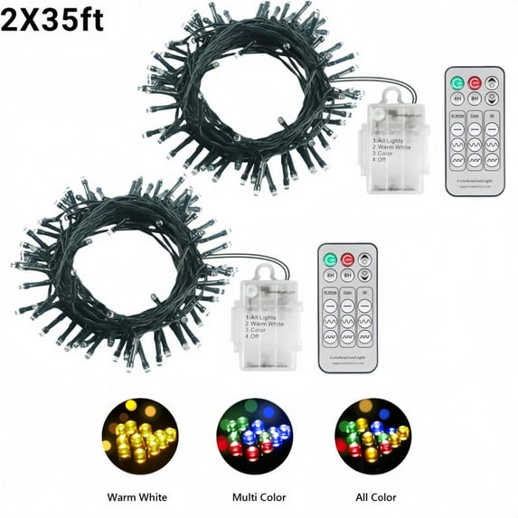 Christmas String Lights with Remote 2 Pack, Battery Operated Fairy Lights, 9 Light Modes 3 Colors