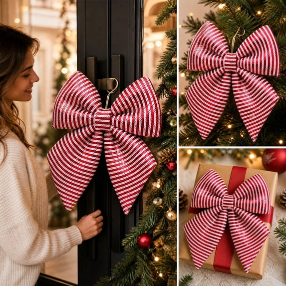Christmas Stripe Wreath Bows, Large Sequin Striped Bow Wreath Decor, 34cm Sparkly Glitter Bow Ornament, for Front Door Party Yard Doorway Indoor Outdoor Wall Decoration