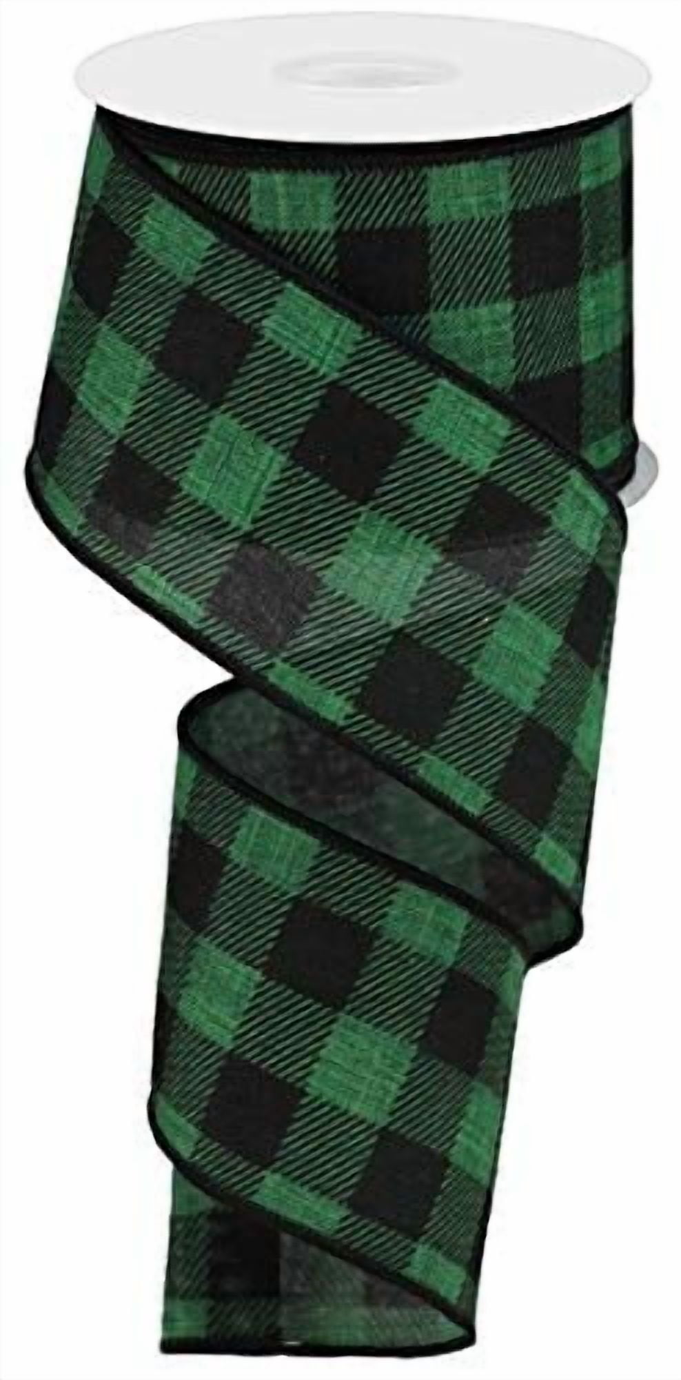 Christmas Striped Check Buffalo Plaid Canvas Wired Edge Ribbon - 50 Yards (Emerald Green, Black, 2.5"