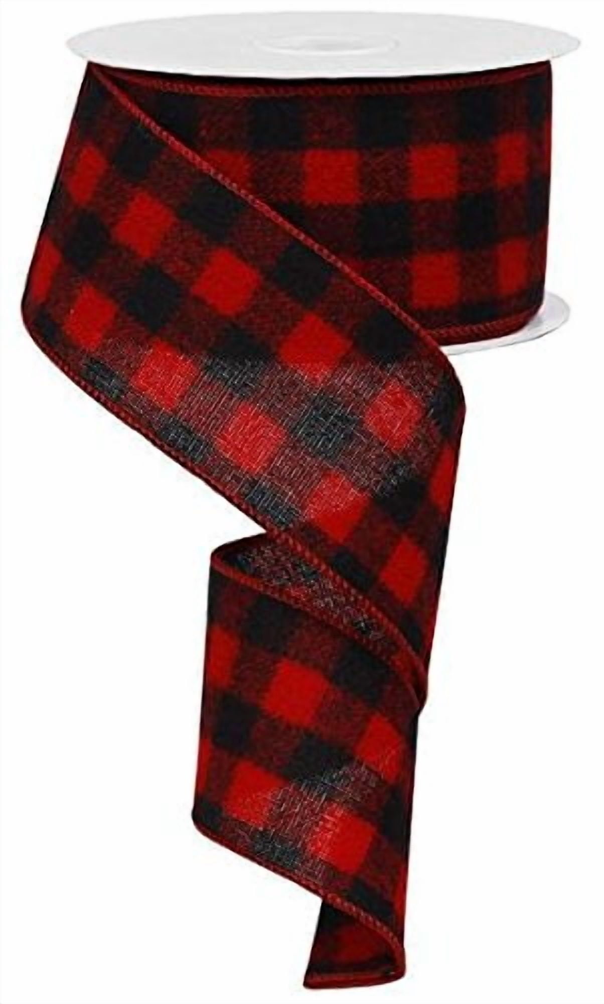 Christmas Striped Check Buffalo Plaid Canvas Wired Edge Ribbon - 50 Yards (Red, Black, 2.5"