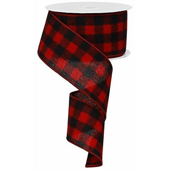 Christmas Striped Check Buffalo Plaid Canvas Wired Edge Ribbon - 50 Yards (Red, Black, 2.5"