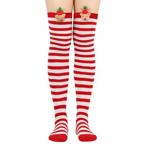 Christmas Striped Over Knee Long Socks Cartoon Plush Deer Thigh High Stockings for Woman Clothing for Party